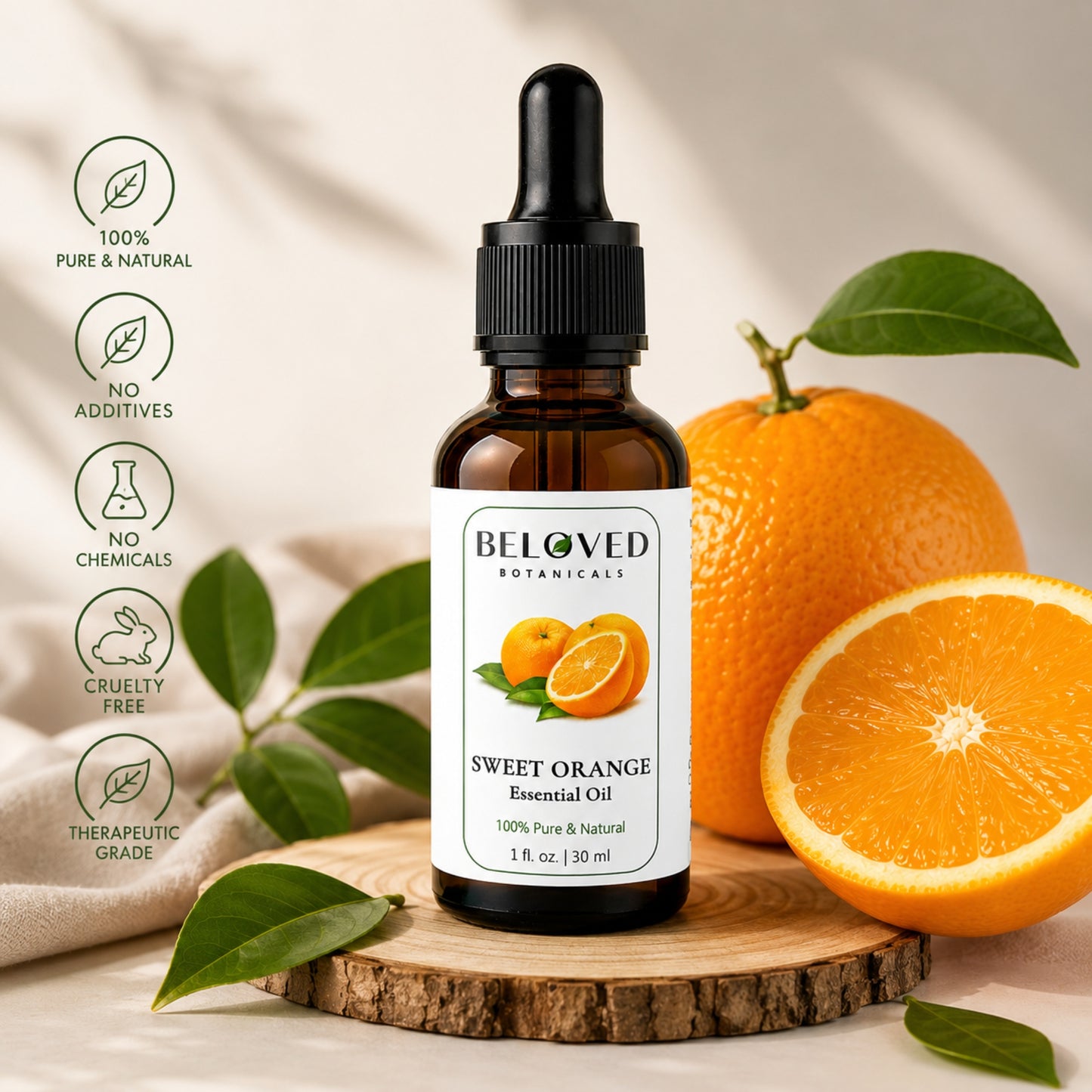 Beloved Botanicals Sweet Orange Essential Oil 30ml (1 Fl Oz) 100% Pure & Natural Citrus sinensis Oil for Aromatherapy, Diffusers, Massage, DIY Skincare, Soap & Candle Making, Fresh Citrus Aroma
