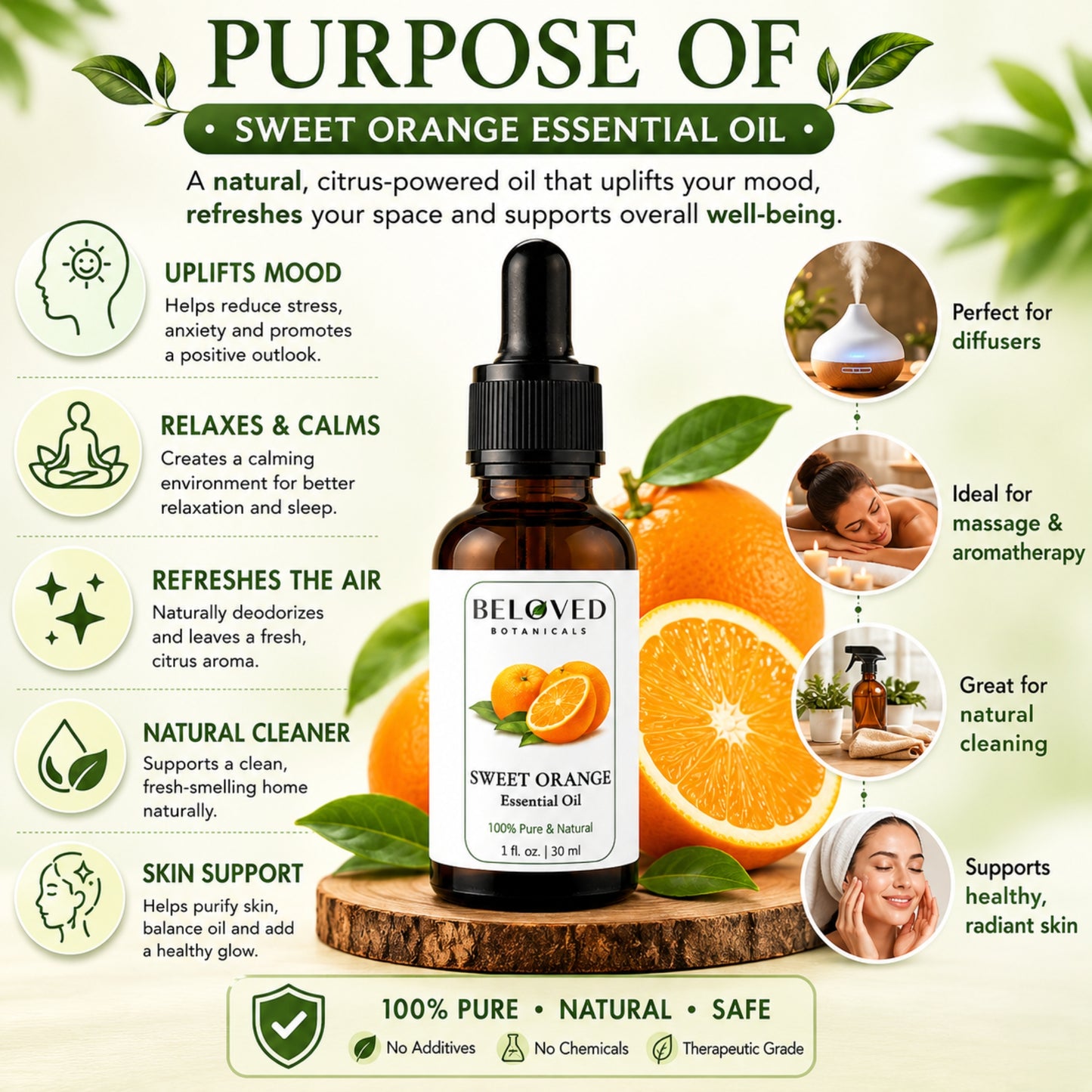 Beloved Botanicals Sweet Orange Essential Oil 30ml (1 Fl Oz) 100% Pure & Natural Citrus sinensis Oil for Aromatherapy, Diffusers, Massage, DIY Skincare, Soap & Candle Making, Fresh Citrus Aroma