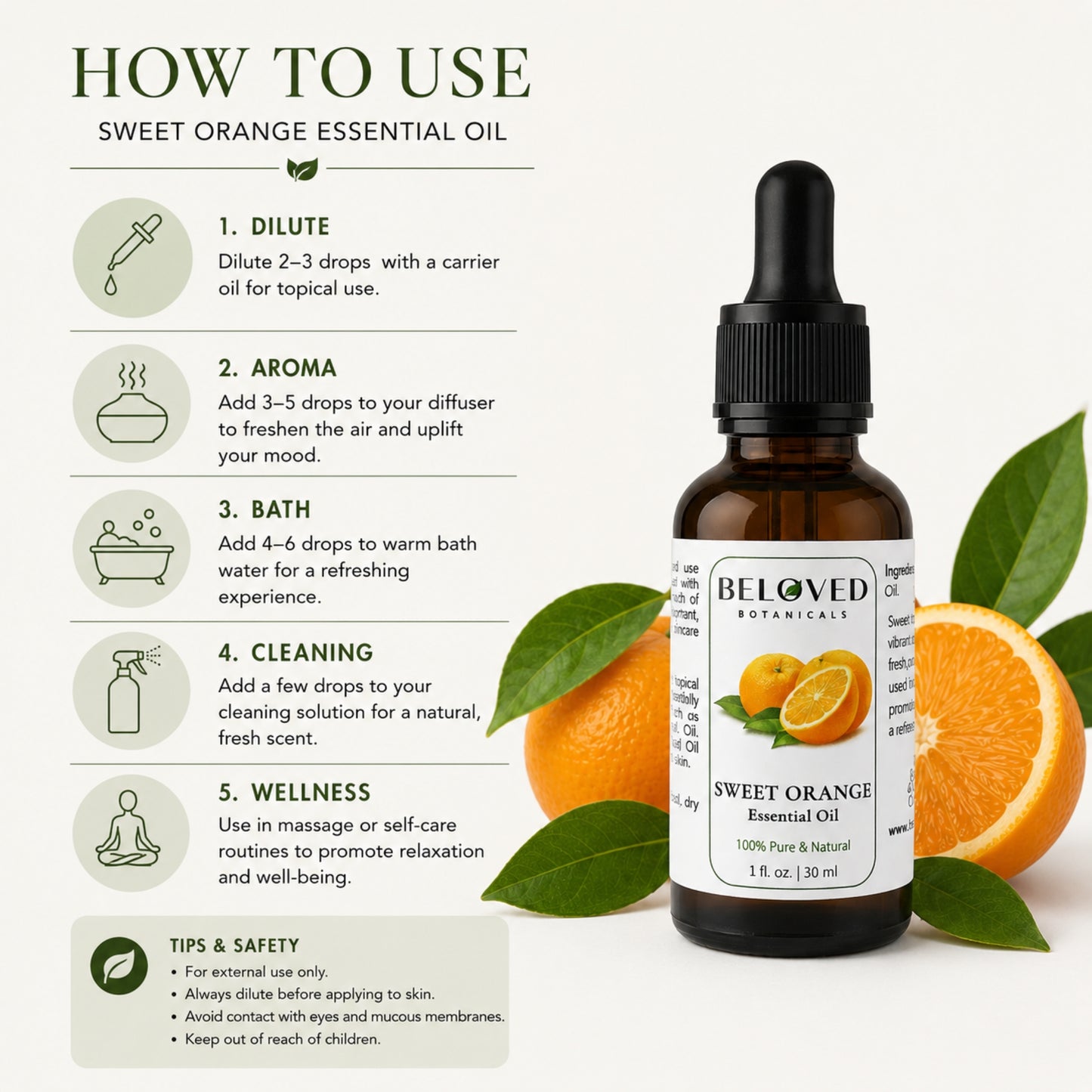 Beloved Botanicals Sweet Orange Essential Oil 30ml (1 Fl Oz) 100% Pure & Natural Citrus sinensis Oil for Aromatherapy, Diffusers, Massage, DIY Skincare, Soap & Candle Making, Fresh Citrus Aroma