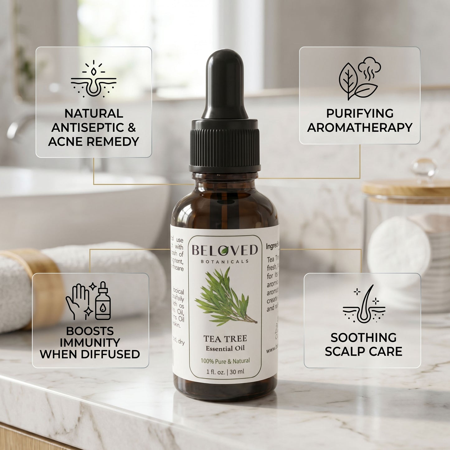 Beloved Botanicals Tea Tree Essential Oil 30ml (1 Fl Oz) 100% Pure & Natural Melaleuca alternifolia Oil for Aromatherapy, Diffusers, Skincare, Hair Care, DIY Soap & Candle Making
