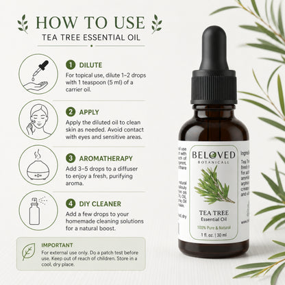 Beloved Botanicals Tea Tree Essential Oil 30ml (1 Fl Oz) 100% Pure & Natural Melaleuca alternifolia Oil for Aromatherapy, Diffusers, Skincare, Hair Care, DIY Soap & Candle Making