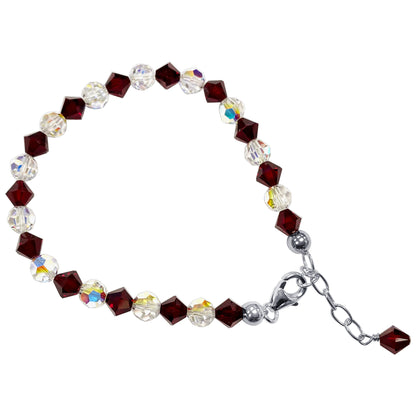 Gemstone Beads & Austrian Crystals Bracelet 925 Sterling Silver Elegant Jewelry - Red and Clear AB - GABS008