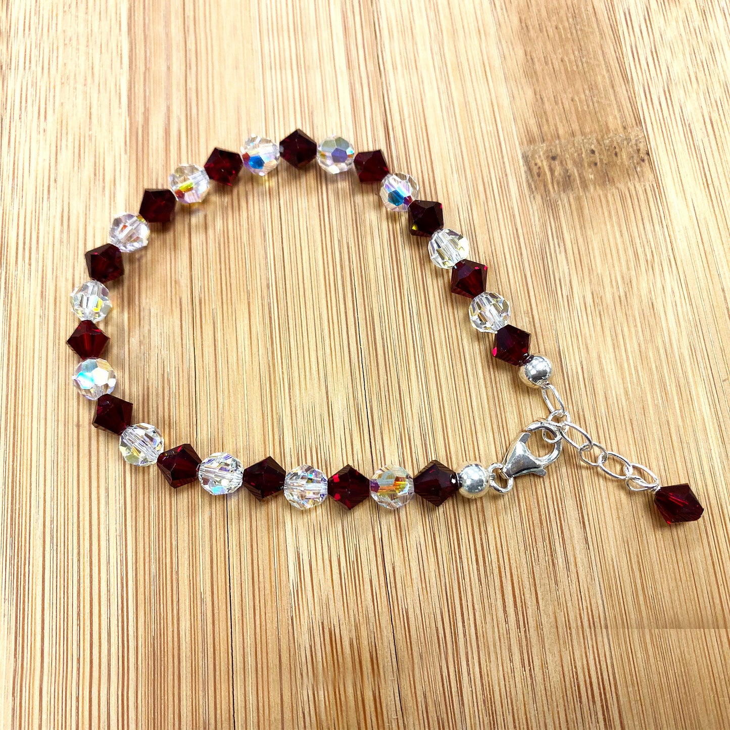 Gemstone Beads & Austrian Crystals Bracelet 925 Sterling Silver Elegant Jewelry - Red and Clear AB - GABS008