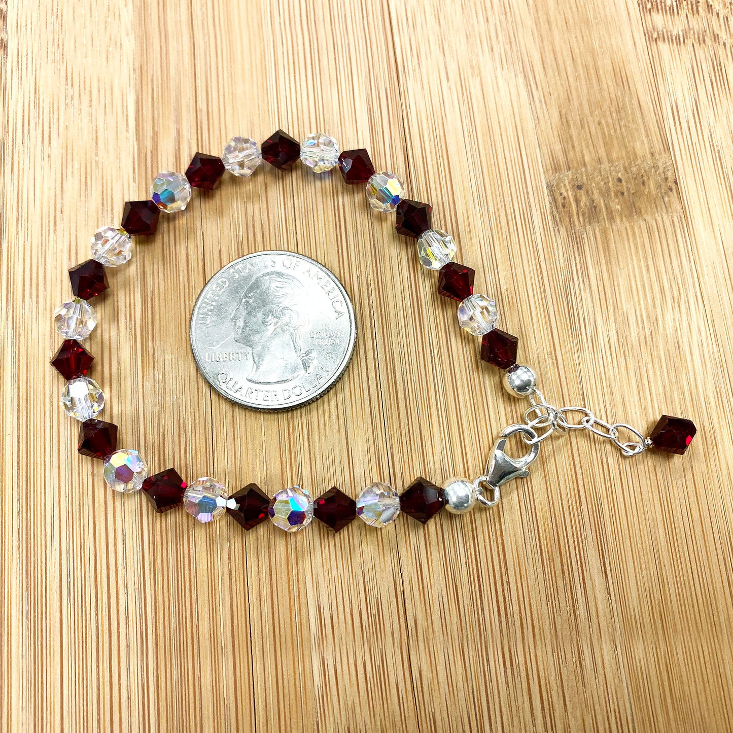 Gemstone Beads & Austrian Crystals Bracelet 925 Sterling Silver Elegant Jewelry - Red and Clear AB - GABS008