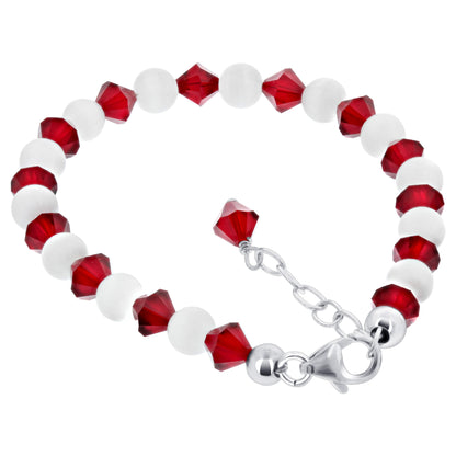 Gemstone Beads & Austrian Crystals Bracelet 925 Sterling Silver Elegant Jewelry - Red and White - GABS010