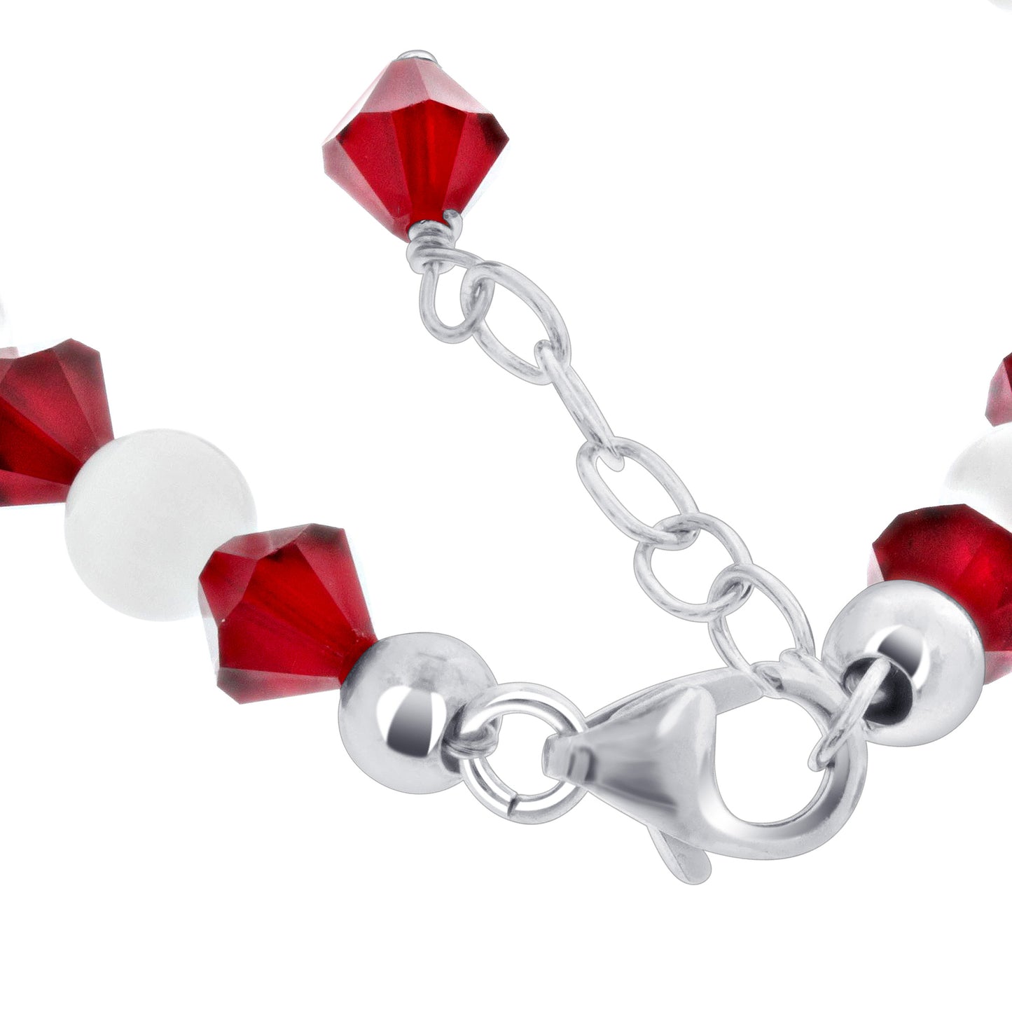 Gemstone Beads & Austrian Crystals Bracelet 925 Sterling Silver Elegant Jewelry - Red and White - GABS010