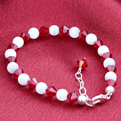 Gemstone Beads & Austrian Crystals Bracelet 925 Sterling Silver Elegant Jewelry - Red and White - GABS010
