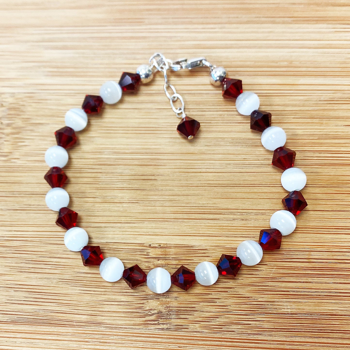 Gemstone Beads & Austrian Crystals Bracelet 925 Sterling Silver Elegant Jewelry - Red and White - GABS010