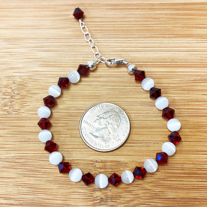 Gemstone Beads & Austrian Crystals Bracelet 925 Sterling Silver Elegant Jewelry - Red and White - GABS010