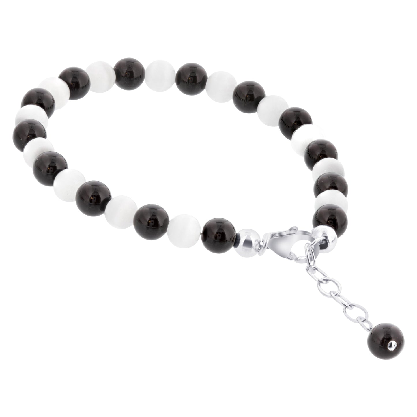 Gemstone Beads & Austrian Crystals Bracelet 925 Sterling Silver Elegant Jewelry - Black and White - GABS014