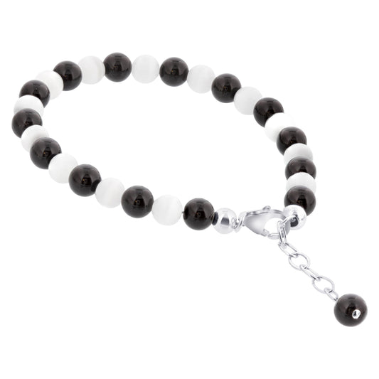 Gemstone Beads & Austrian Crystals Bracelet 925 Sterling Silver Elegant Jewelry - Black and White - GABS014