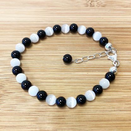 Gemstone Beads & Austrian Crystals Bracelet 925 Sterling Silver Elegant Jewelry - Black and White - GABS014