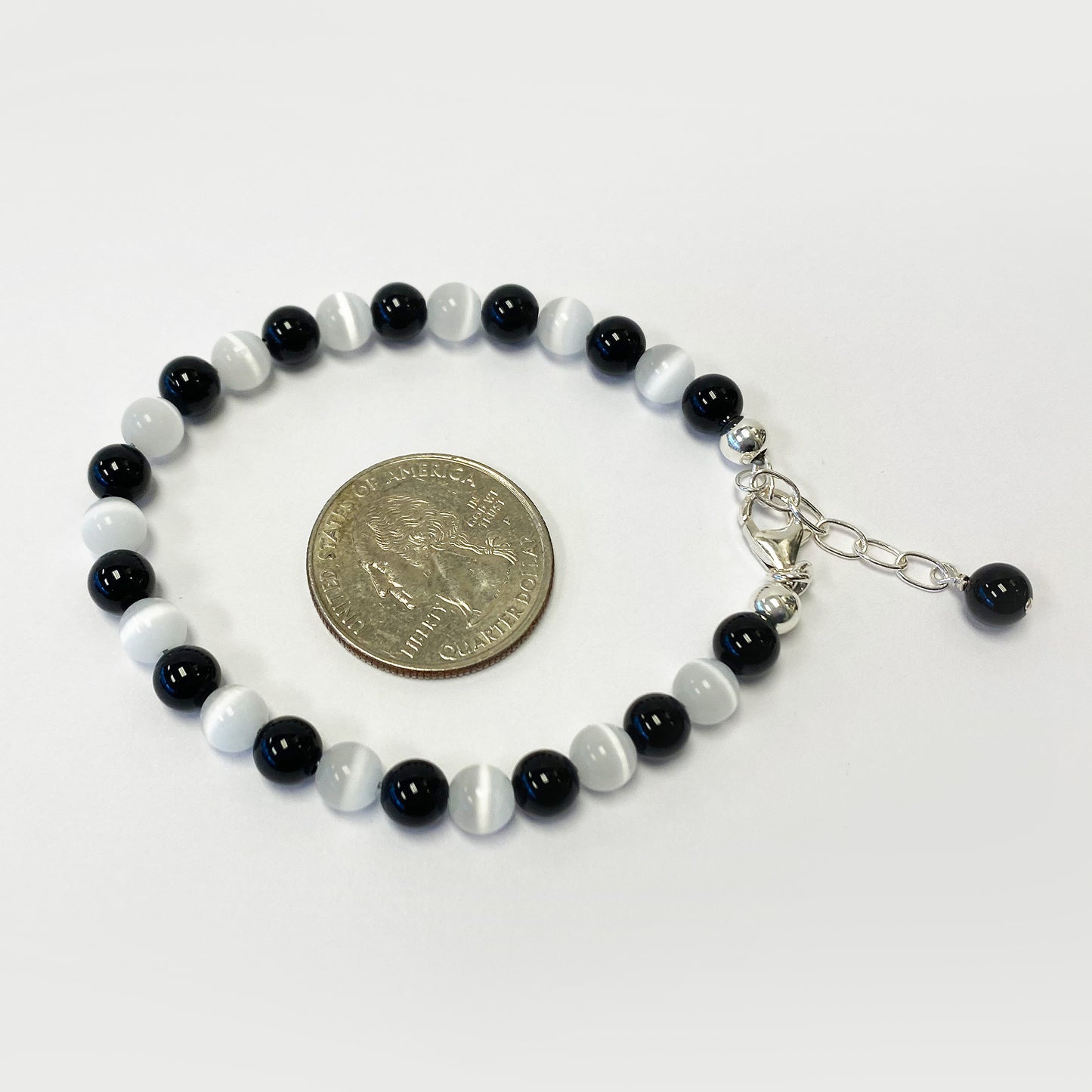 Gemstone Beads & Austrian Crystals Bracelet 925 Sterling Silver Elegant Jewelry - Black and White - GABS014