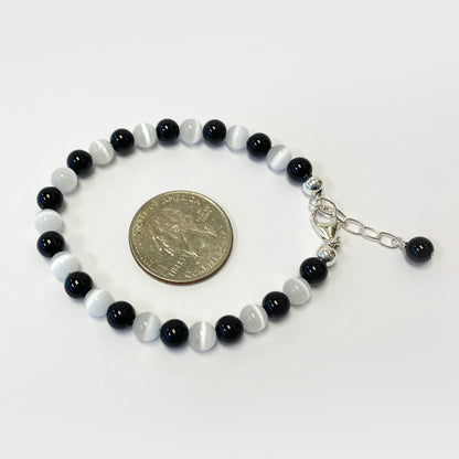 Gemstone Beads & Austrian Crystals Bracelet 925 Sterling Silver Elegant Jewelry - Black and White - GABS014