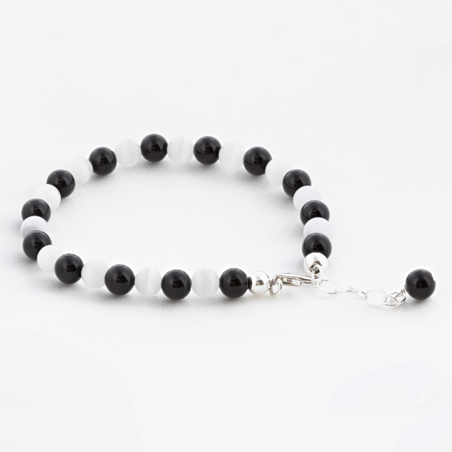 Gemstone Beads & Austrian Crystals Bracelet 925 Sterling Silver Elegant Jewelry - Black and White - GABS014