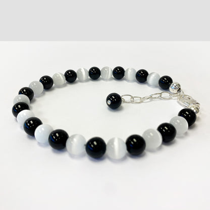 Gemstone Beads & Austrian Crystals Bracelet 925 Sterling Silver Elegant Jewelry - Black and White - GABS014