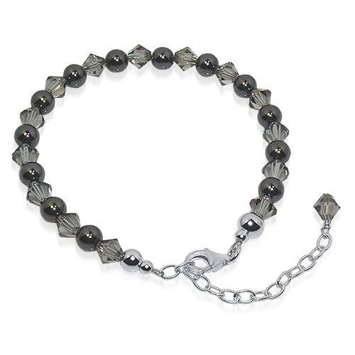 Gemstone Beads & Austrian Crystals Bracelet 925 Sterling Silver Elegant Jewelry - Light Black - GABS020