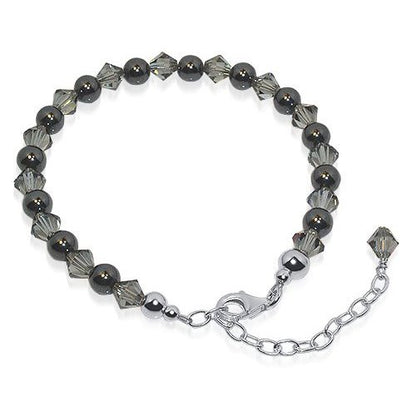 Gemstone Beads & Austrian Crystals Bracelet 925 Sterling Silver Elegant Jewelry - Light Black - GABS020