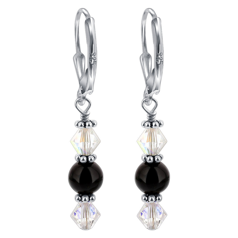 Black Onyx Austrian Crystal 925 Sterling Silver Leverback Drop Earrings - Gem Avenue