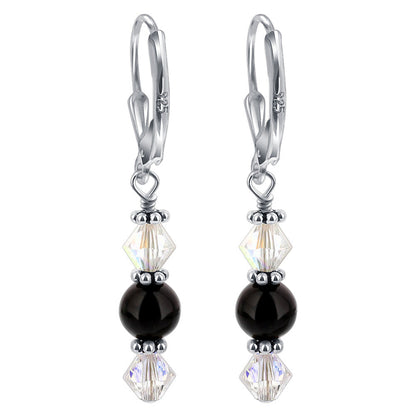 Black Onyx Austrian Crystal 925 Sterling Silver Leverback Drop Earrings - Gem Avenue