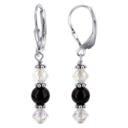 Black Onyx Austrian Crystal 925 Sterling Silver Leverback Drop Earrings - Gem Avenue