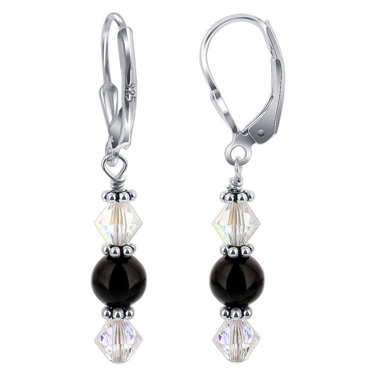 Black Onyx Austrian Crystal 925 Sterling Silver Leverback Drop Earrings - Gem Avenue