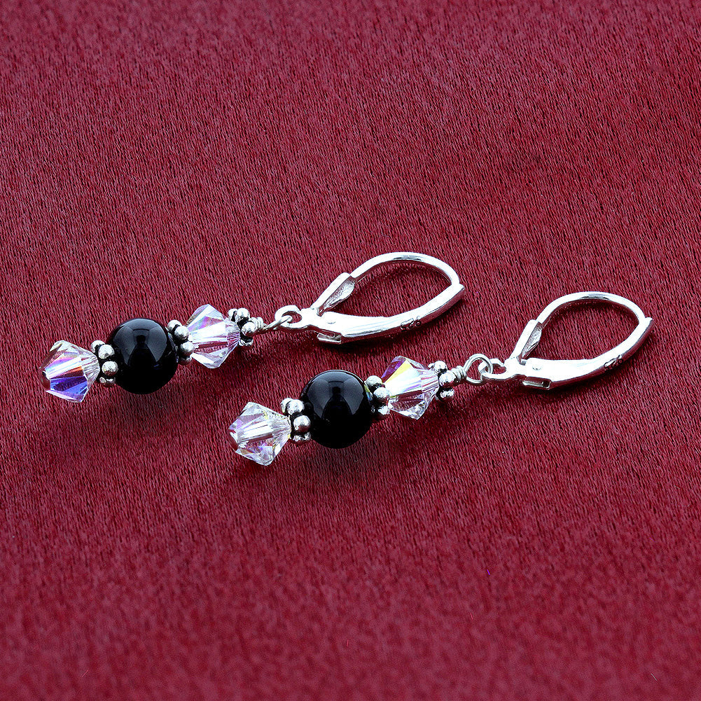 Black Onyx Austrian Crystal 925 Sterling Silver Leverback Drop Earrings - Gem Avenue