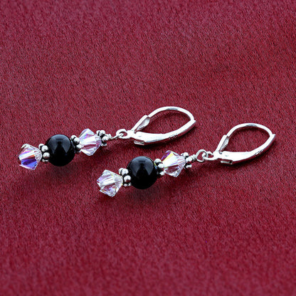 Black Onyx Austrian Crystal 925 Sterling Silver Leverback Drop Earrings - Gem Avenue