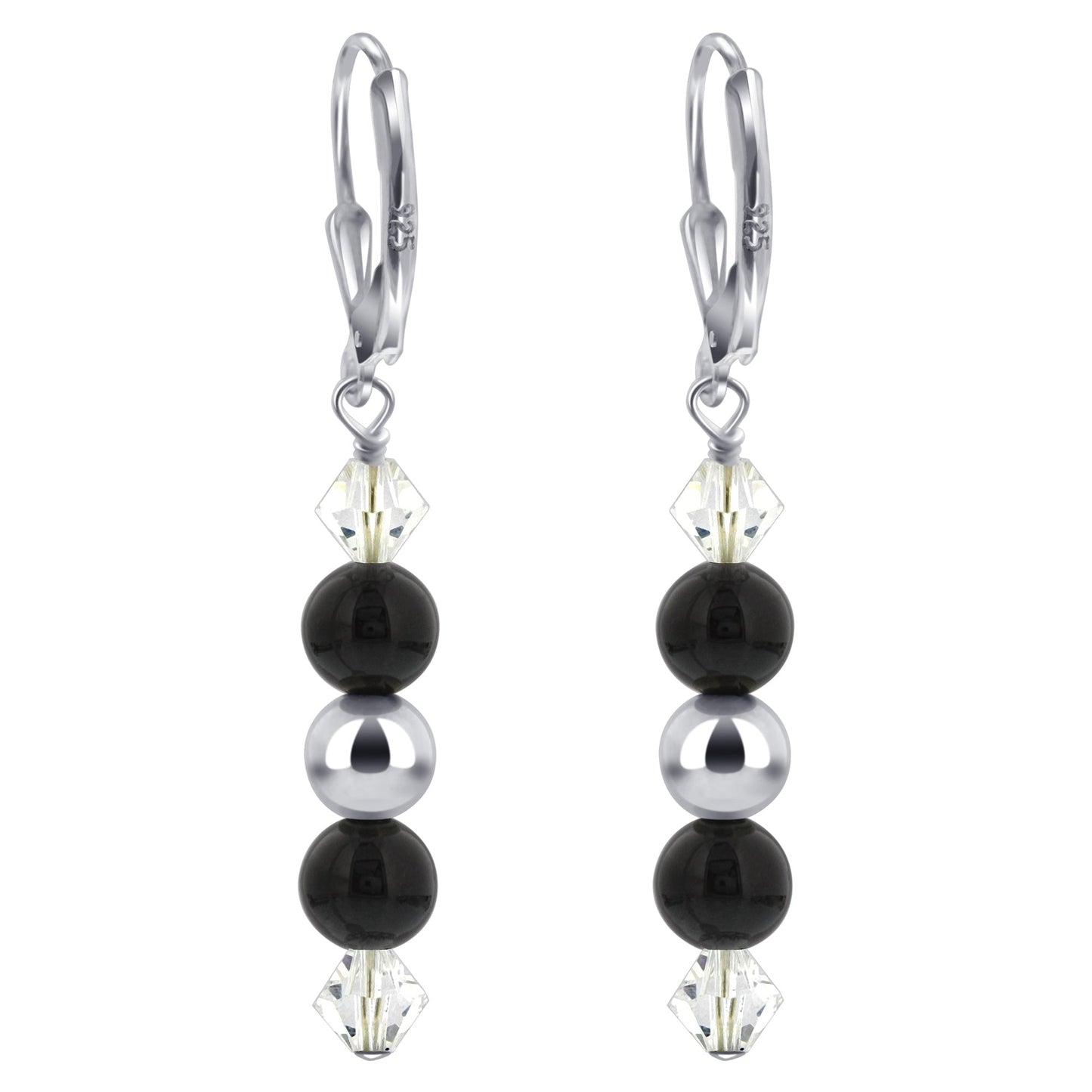Black Onyx & Clear Austrian Crystals 925 Sterling Silver Drop Earrings - Gem Avenue