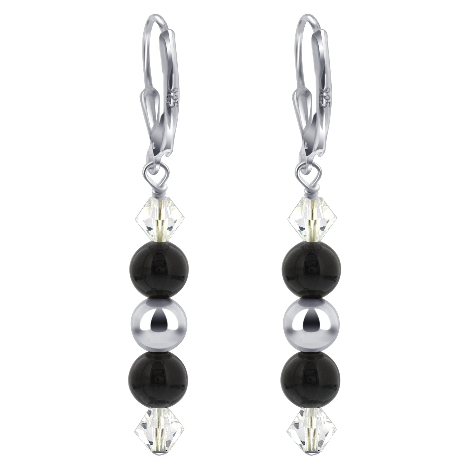 Black Onyx & Clear Austrian Crystals 925 Sterling Silver Drop Earrings - Gem Avenue