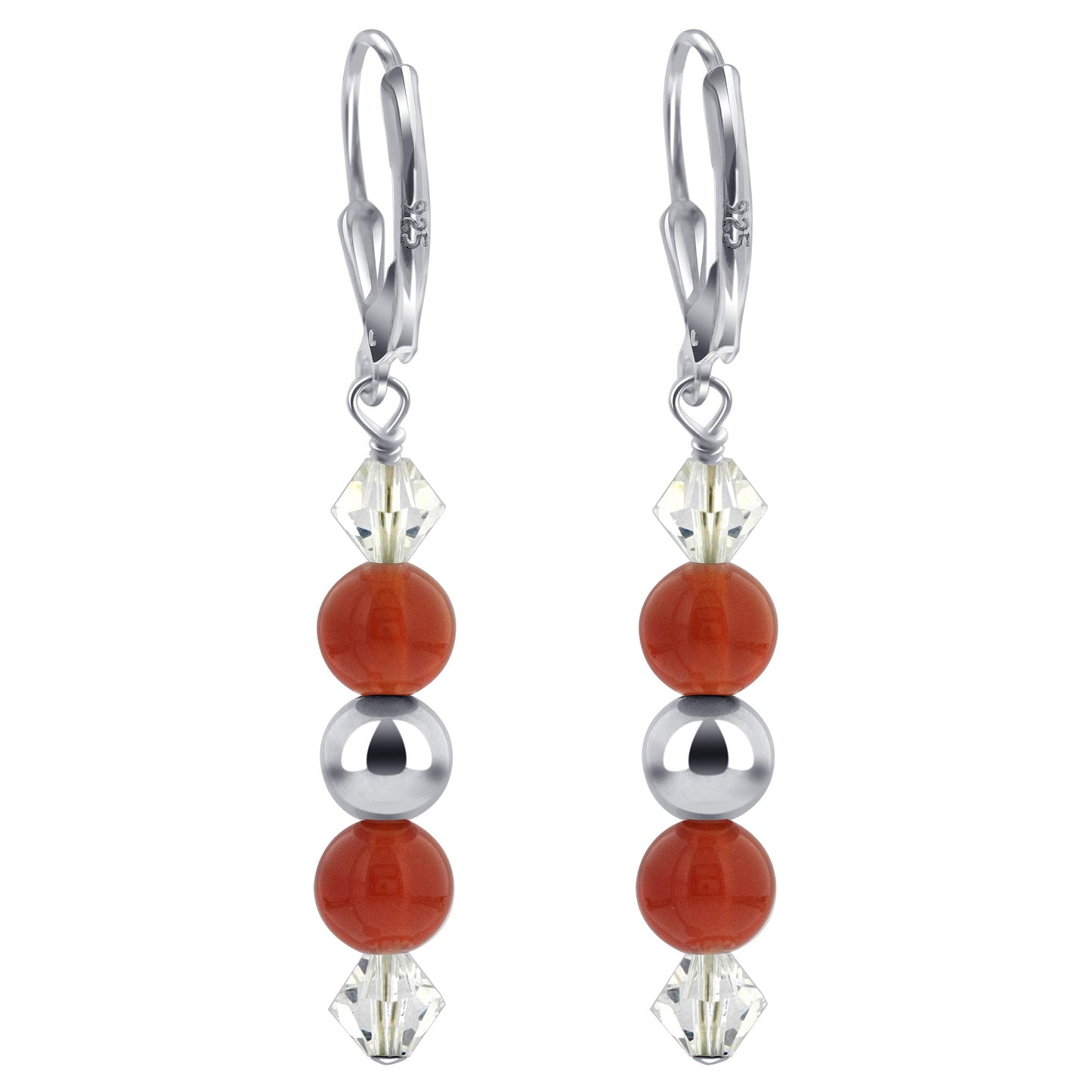 Carnelian with Clear Austrian Crystals 925 Sterling Silver Drop Earrings - Gem Avenue