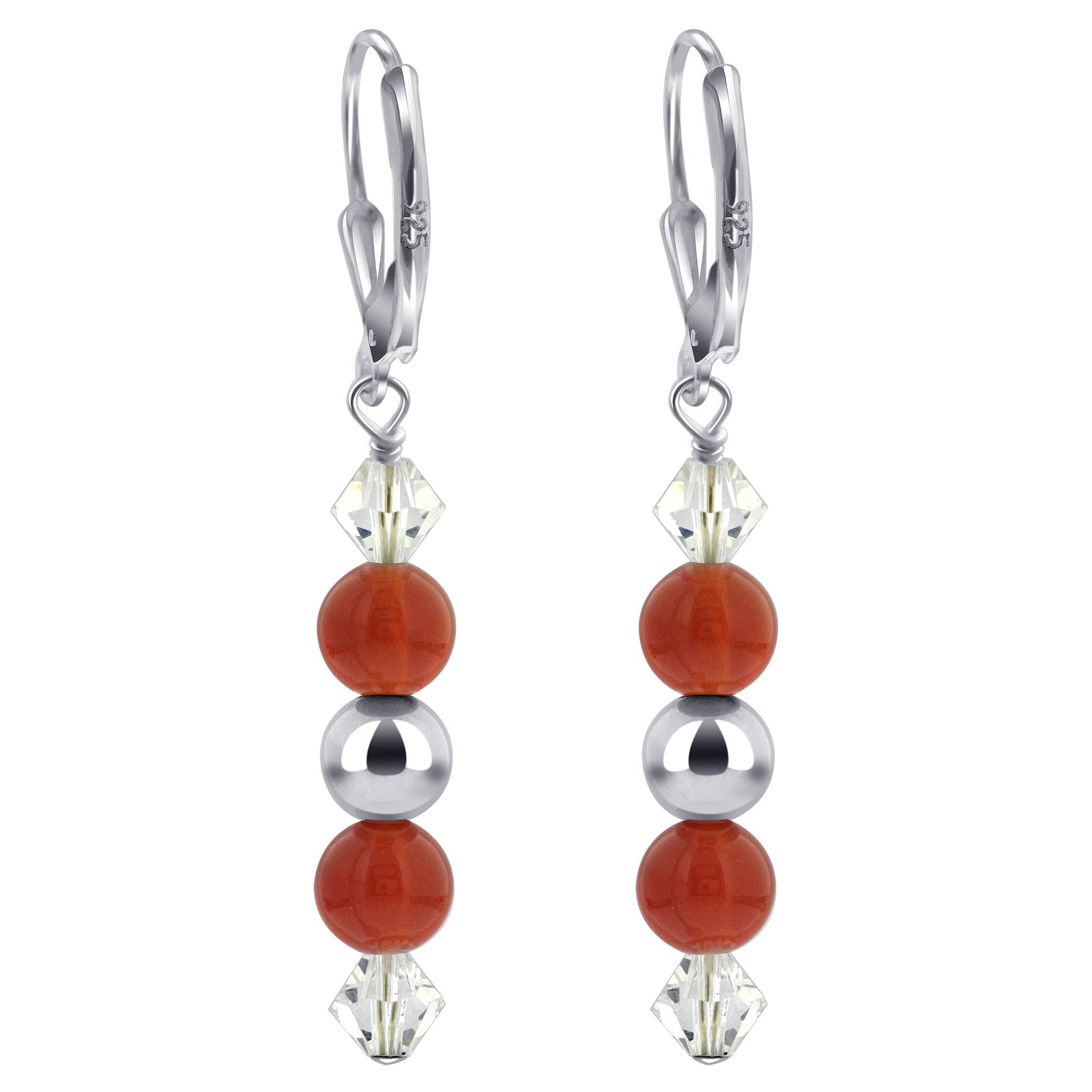 Carnelian with Clear Austrian Crystals 925 Sterling Silver Drop Earrings - Gem Avenue