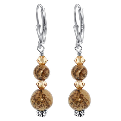 Picture Jasper with Brown Austrian Crystalsl 925 Sterling Silver Drop Earrings - Gem Avenue