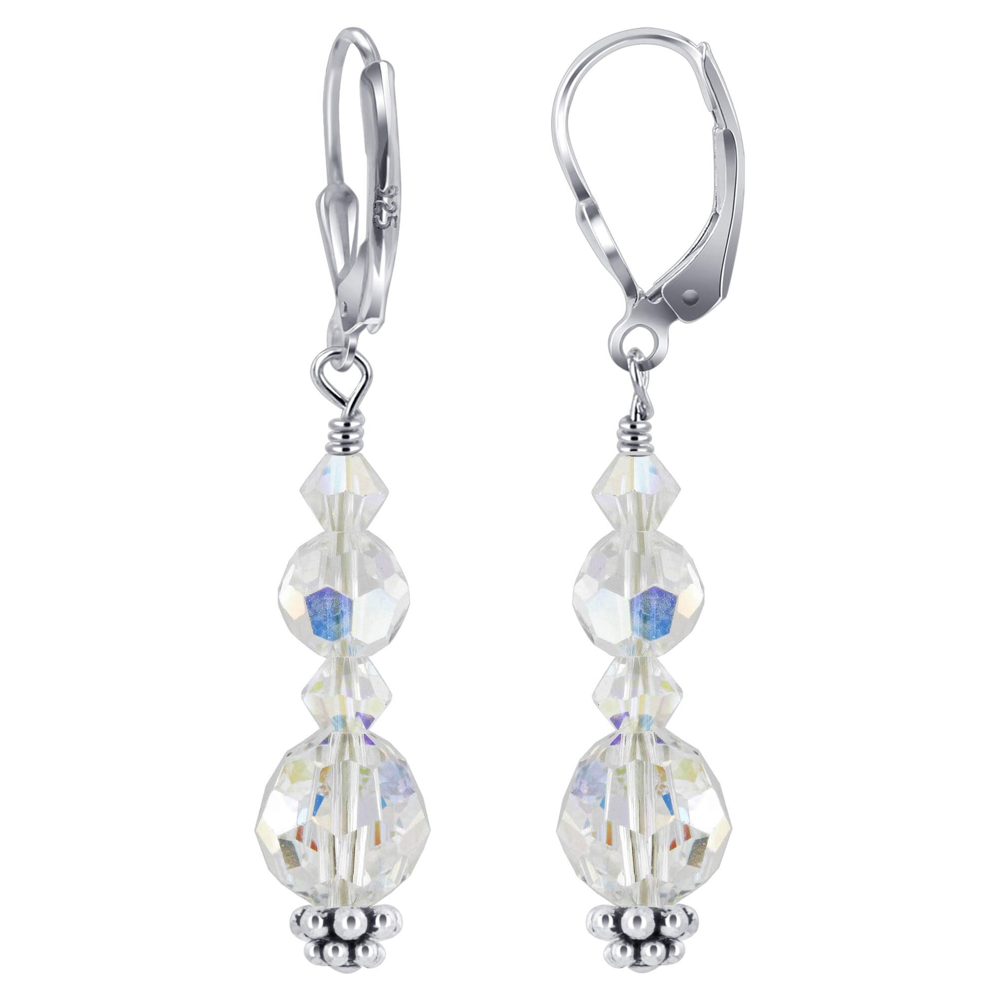 Clear AB Austrian Crystals Sterling Silver Leverback Earrings - Gem Avenue
