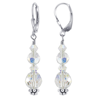 Clear AB Austrian Crystals Sterling Silver Leverback Earrings - Gem Avenue