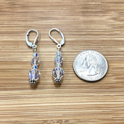 Clear AB Austrian Crystals Sterling Silver Leverback Earrings - Gem Avenue