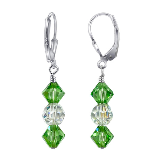 Green and Clear AB Round Austrian Crystals 925 Sterling Silver Drop Earrings - Gem Avenue