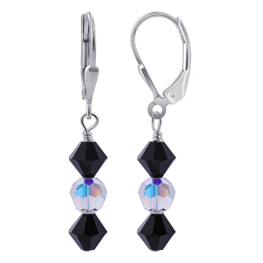 Black and Clear AB Round Austrian Crystals 925 Sterling Silver Drop Earrings - Gem Avenue