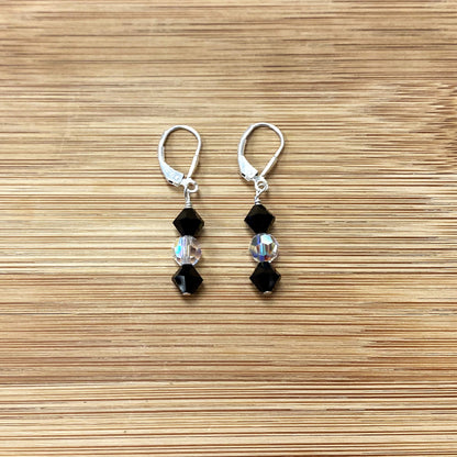 Black and Clear AB Round Austrian Crystals 925 Sterling Silver Drop Earrings - Gem Avenue