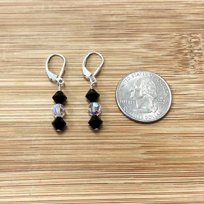 Black and Clear AB Round Austrian Crystals 925 Sterling Silver Drop Earrings - Gem Avenue
