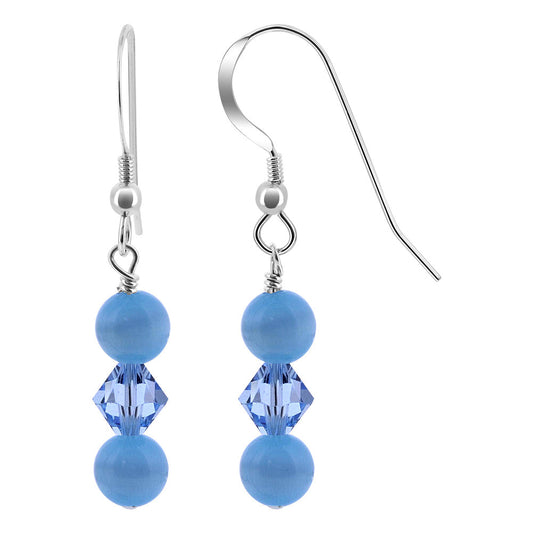 925 Sterling Silver Drop Earrings with Austrian Crystals & Cat's Eye Beads
