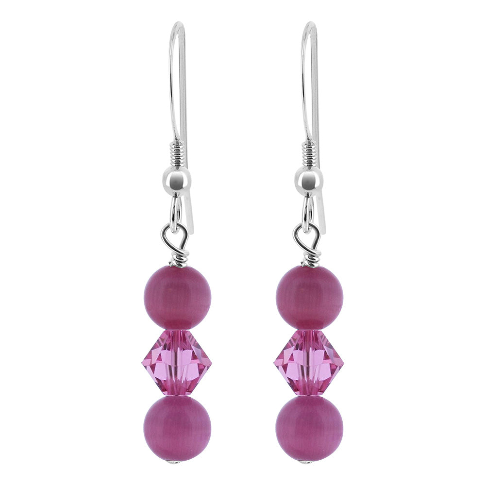 925 Sterling Silver Drop Earrings with Austrian Crystals & Cat's Eye Beads