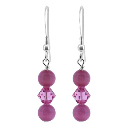 925 Sterling Silver Drop Earrings with Austrian Crystals & Cat's Eye Beads