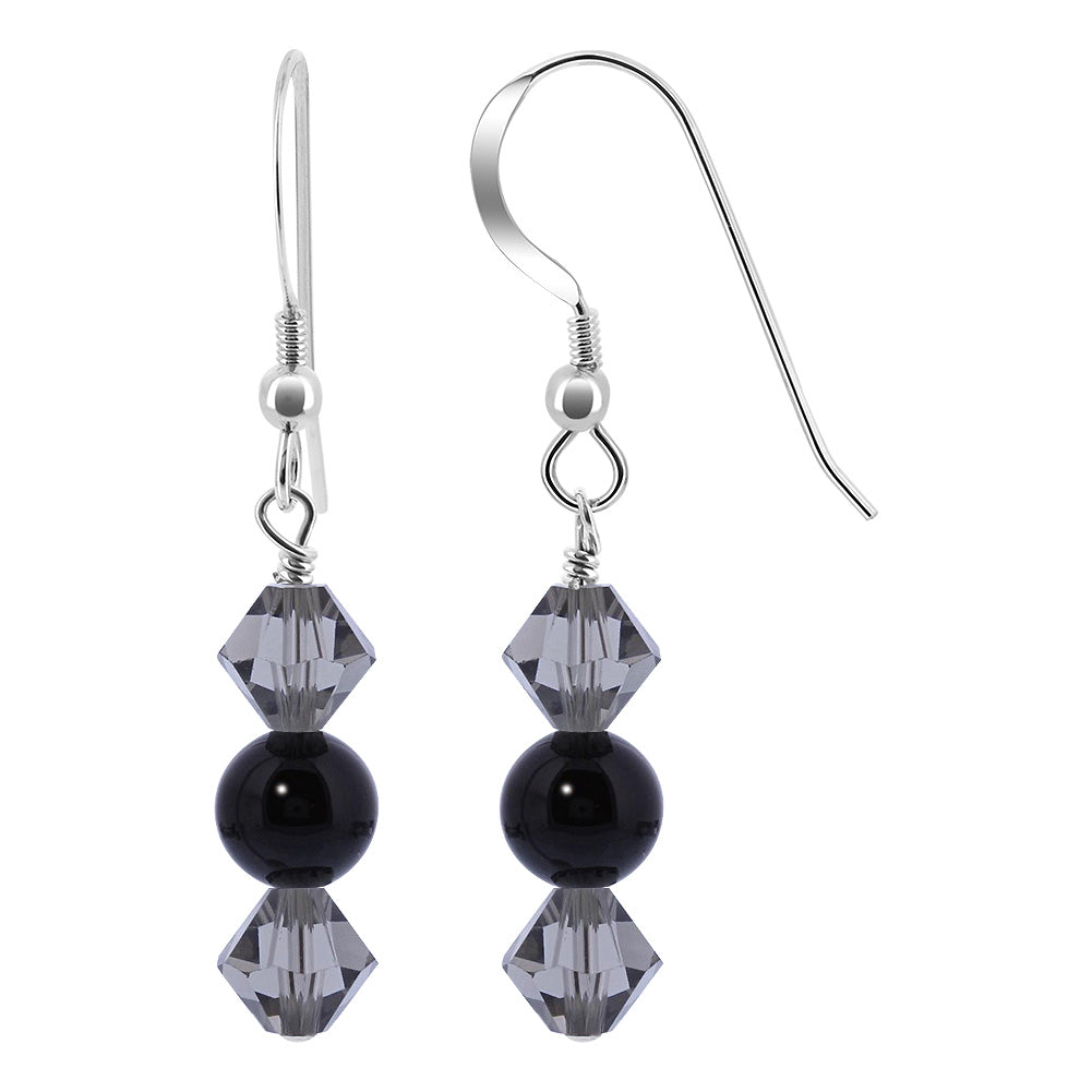 Black Austrian Crystals with Black Onyx 925 Sterling Silver Drop Earrings - Gem Avenue