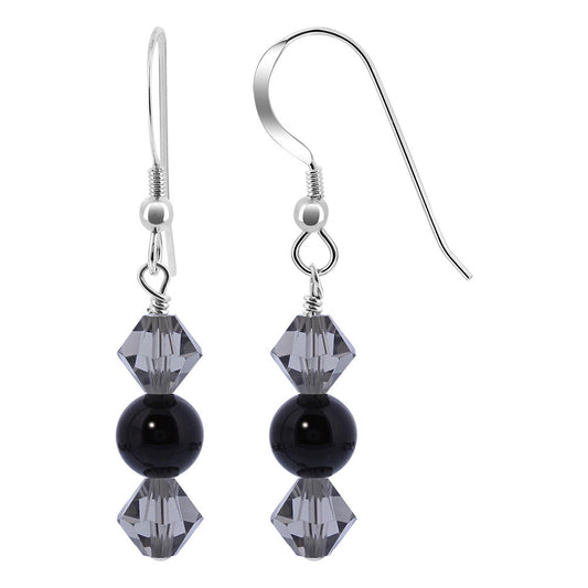Black Austrian Crystals with Black Onyx 925 Sterling Silver Drop Earrings - Gem Avenue