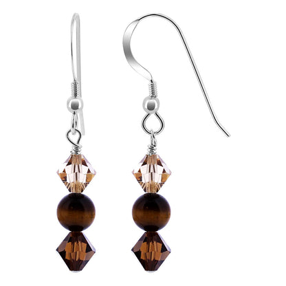 925 Sterling Silver Tiger Eye with Brown Austrian Crystals Handmade Earrings - Gem Avenue