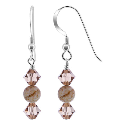 925 Sterling Silver Picture Jasper Bead & Austrian Crystals Handmade Dangle Earrings - Gem Avenue