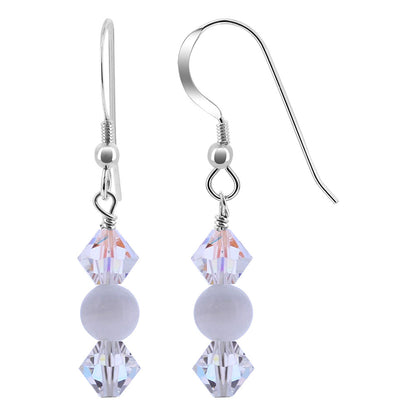 925 Sterling Silver White Cats Eye with Clear AB Austrian Crystals Handmade Earrings - Gem Avenue