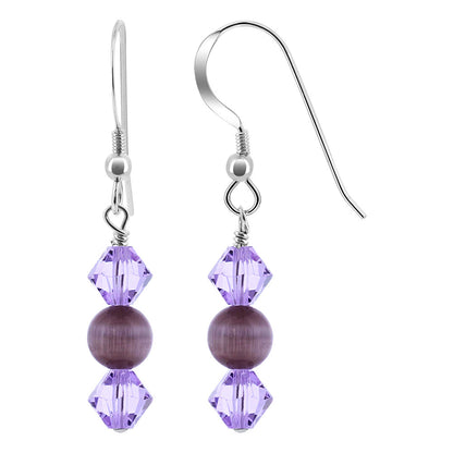 925 Sterling Silver Cats Eye with Lavender Austrian Crystals Handmade Earrings - Gem Avenue