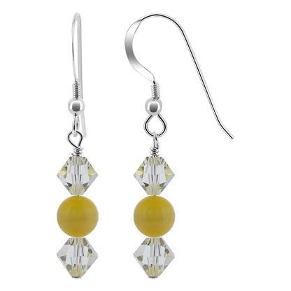 Yellow Cats Eye with Austrian Crystals 925 Sterling Silver Drop Earrings - Gem Avenue
